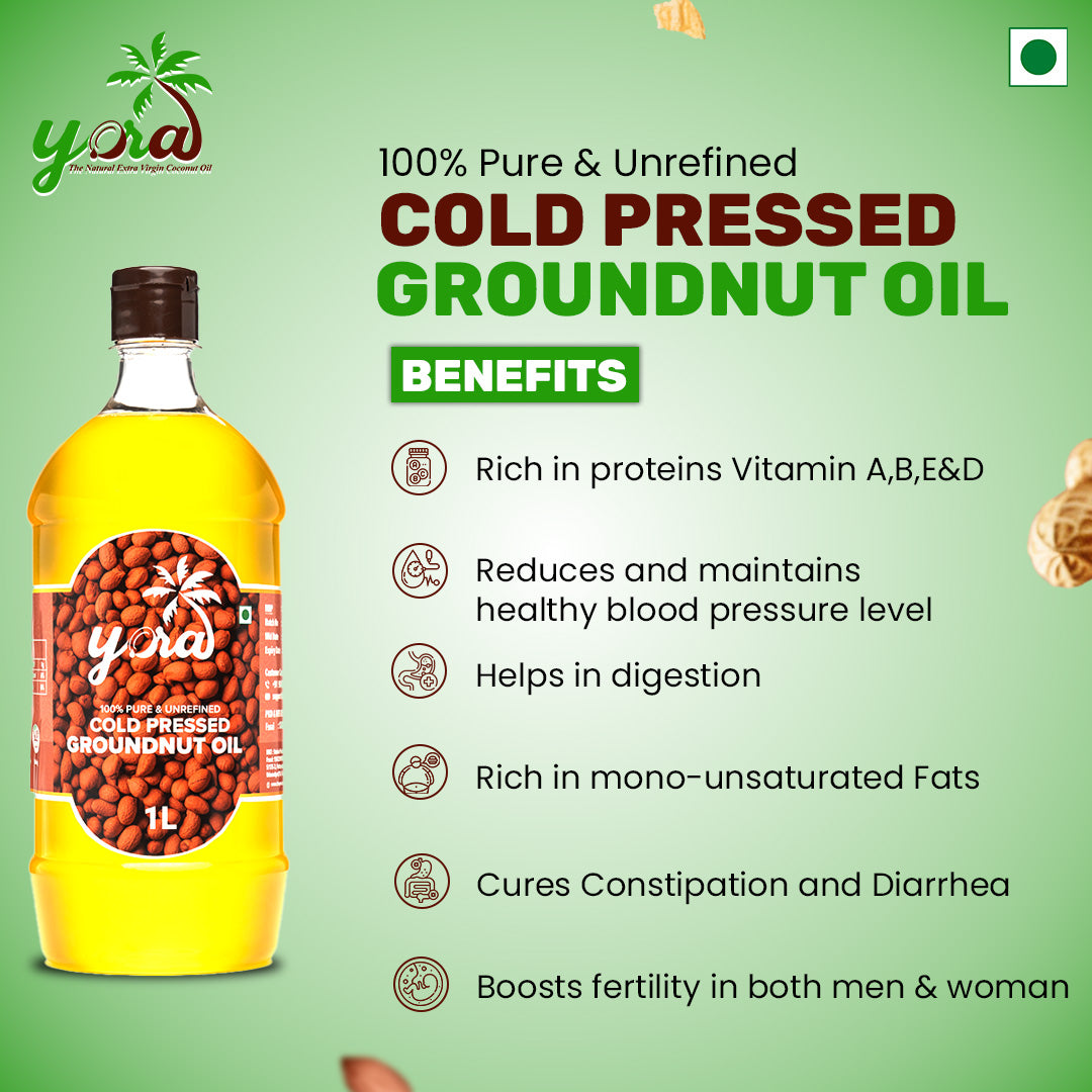 Yora unrefined cold pressed Groundnut (Peanut) Oil | Naturally Cholesterol Free | Chekku/Ganuga/Kacchi Ghani/Kolhu Processed Oil for Cooking