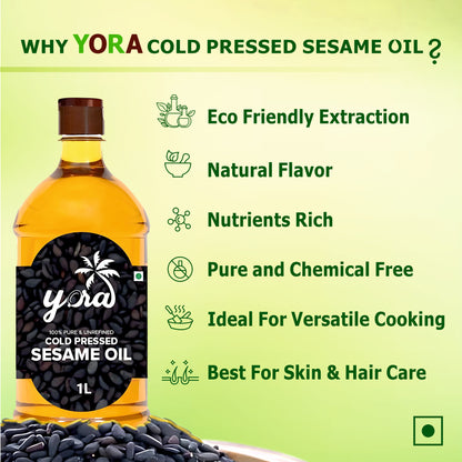 Yora unrefined cold pressed Sesame (Gingelly) Oil | Naturally Cholesterol Free | Chekku / Ganuga / Kacchi Ghani / Kolhu Processed Oil for Cooking