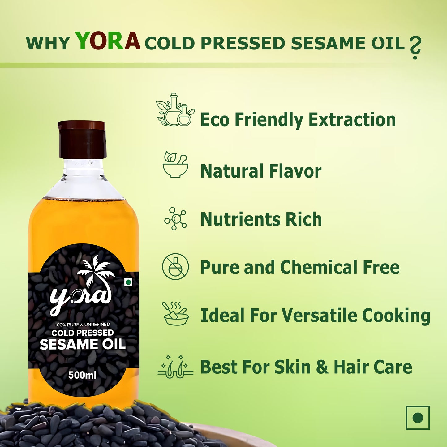 Yora unrefined cold pressed Sesame (Gingelly) Oil | Naturally Cholesterol Free | Chekku / Ganuga / Kacchi Ghani / Kolhu Processed Oil for Cooking